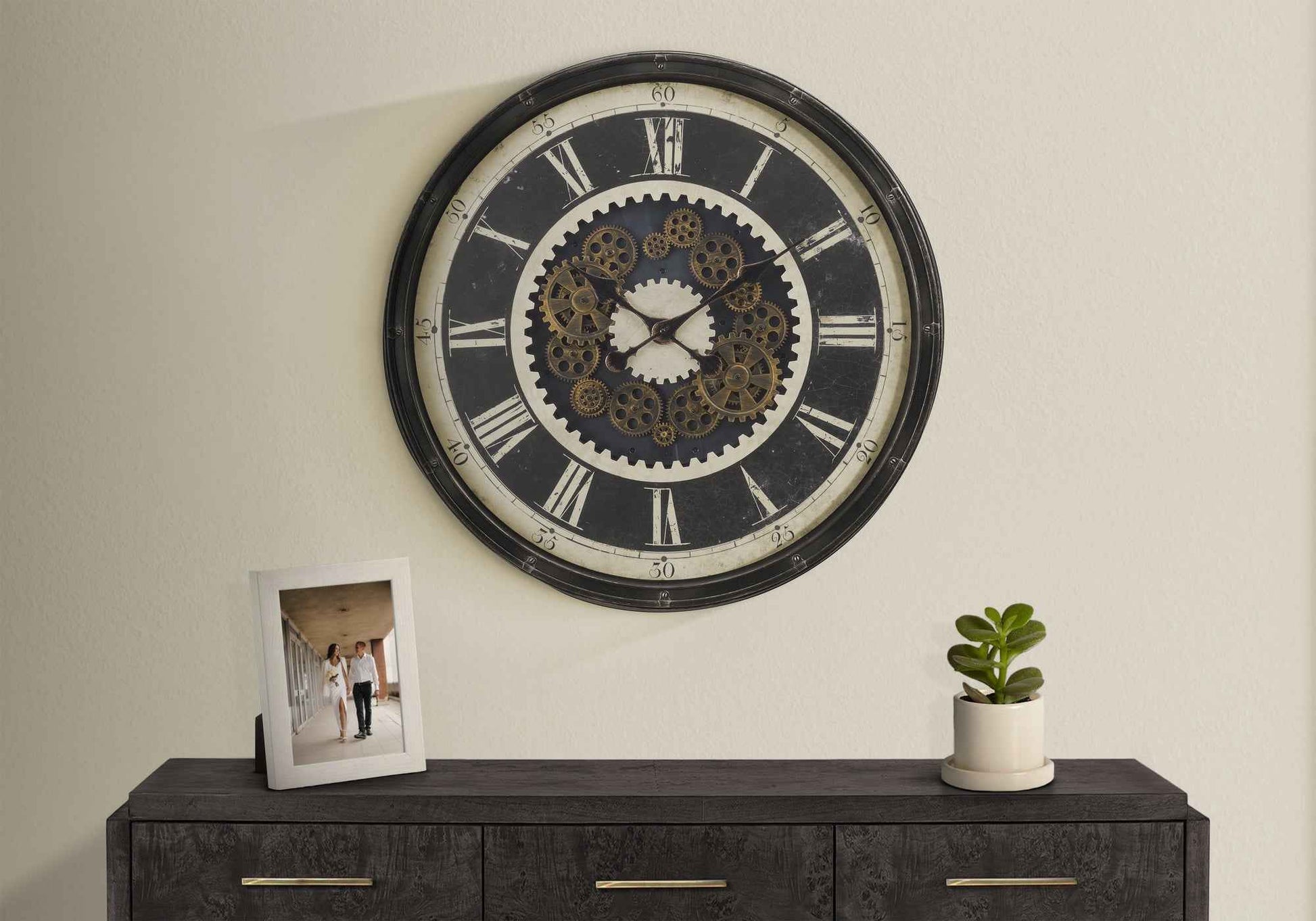 Clocks, 24' Round, Gear Mechanism, Wall Clock, Grey, Transitional