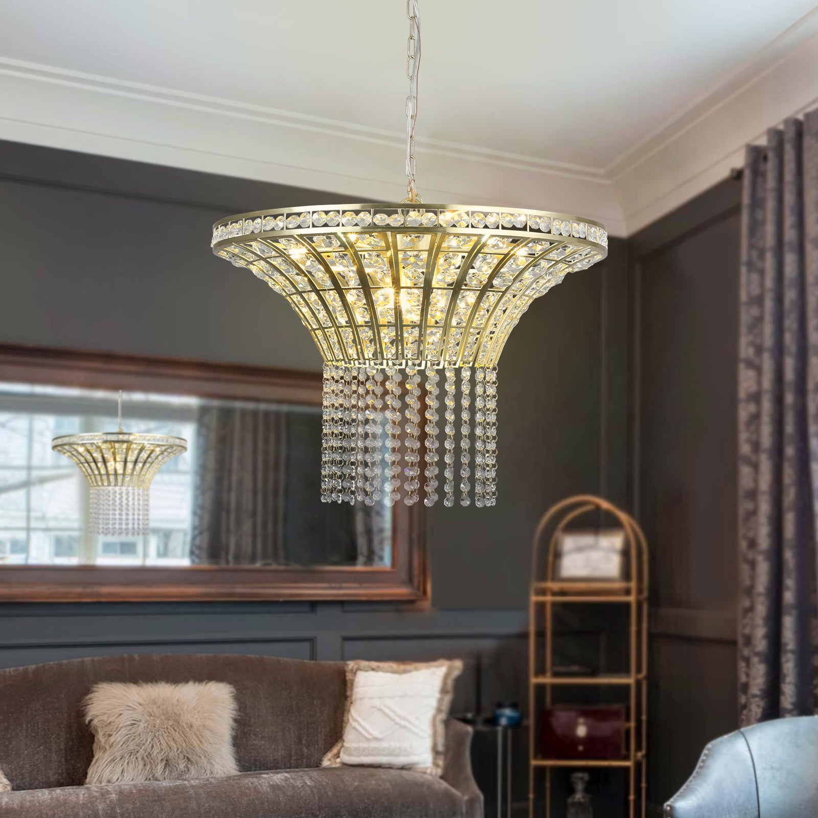 24' Modern Crystal Round Chandelier with gold finish, elegant pendant light illuminating a stylish living room interior.