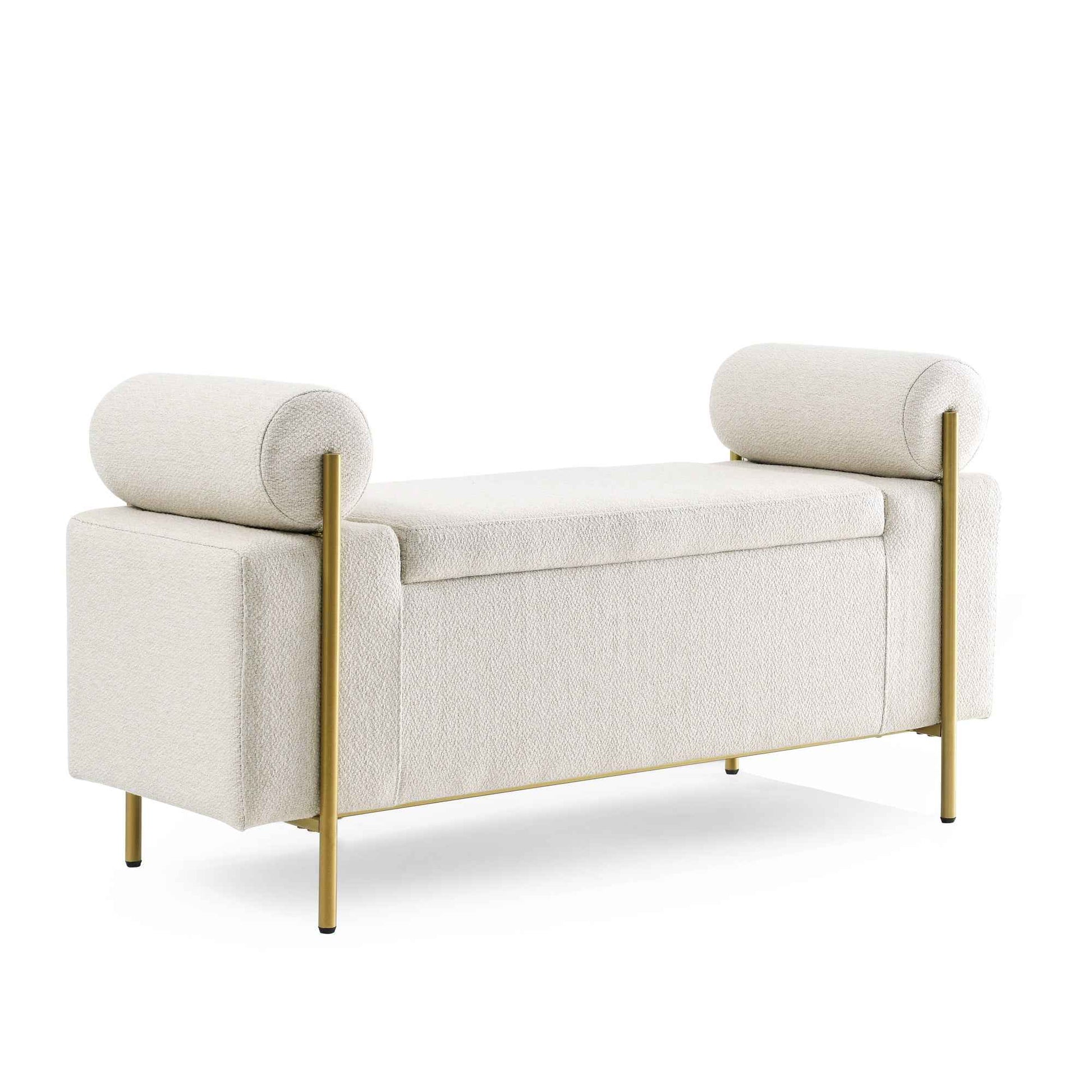 Elegant Upholstered Linen Storage Bench with Cylindrical Arms and Iron Legs