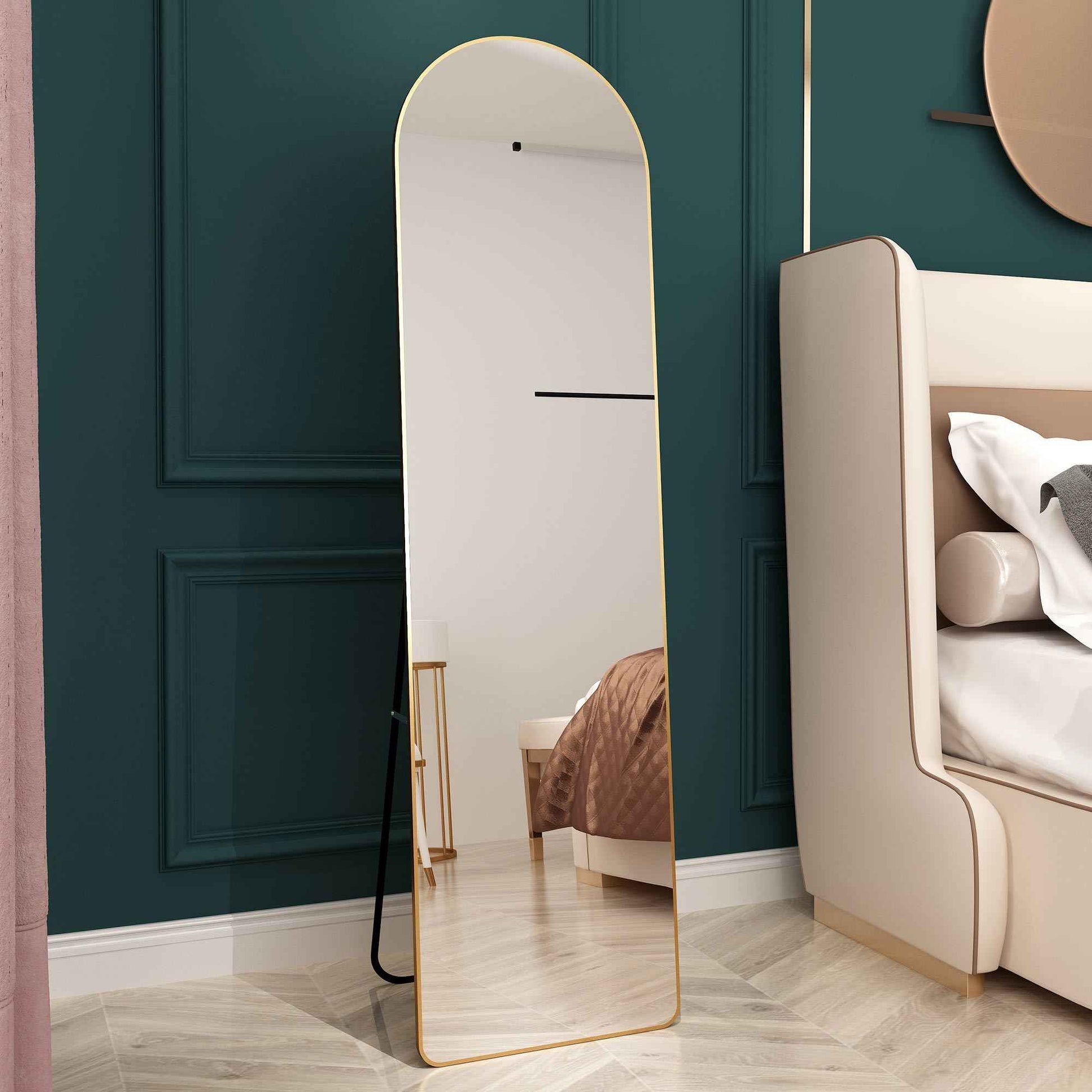 The third generation floor mounted full length rearview mirror. Aluminum alloy metal frame arched wall mirror, bathroom makeup mirror, clothing store, wall mounted. Gold 60 '*16.5'W115158172