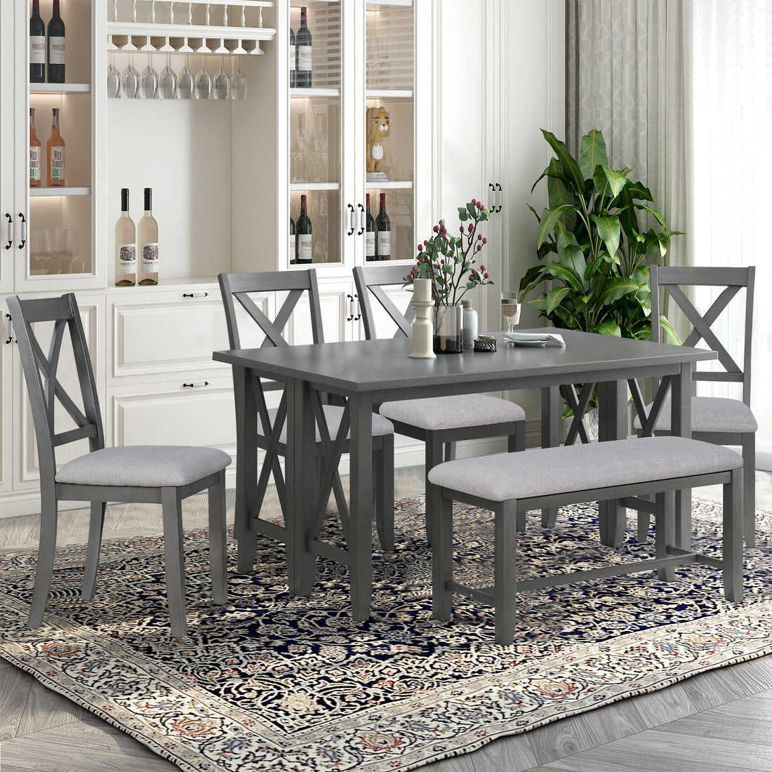 Farmhouse Solid Wood 6-Piece Dining Set - Rustic Gray Finish Dining Table, 4 Chairs, and Bench