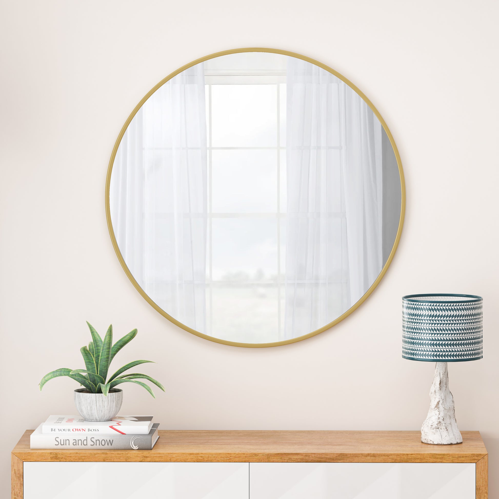 48 Inch Oversized Gold Circular Wall Mirror - Metal Framed Decorative Mirror for Bathroom, Living Room & Bedroom