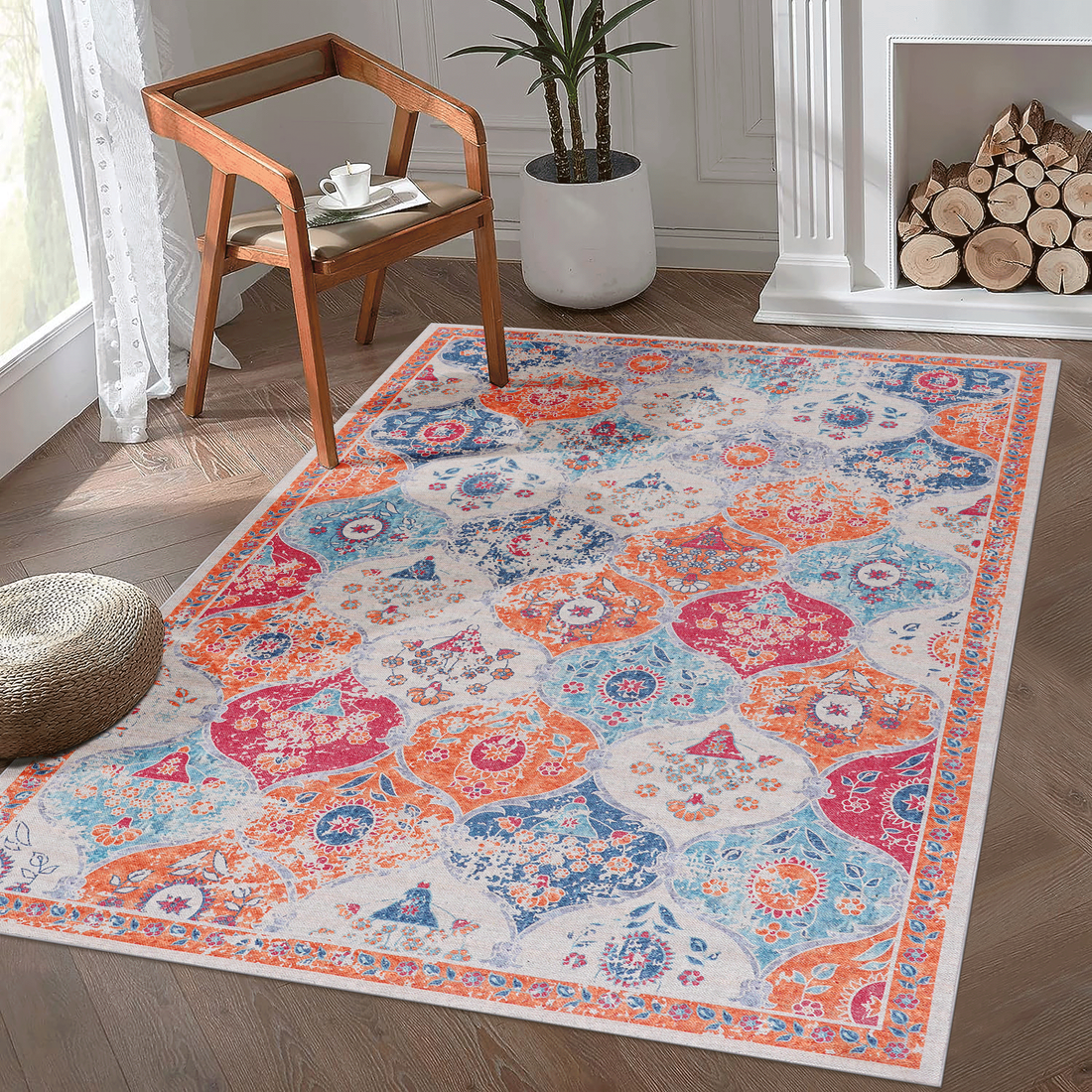 Elegant 5x8 Cream Washable Area Rug - Non-Slip, Low-Pile, Pet & Kid Friendly, Perfect for Any Room