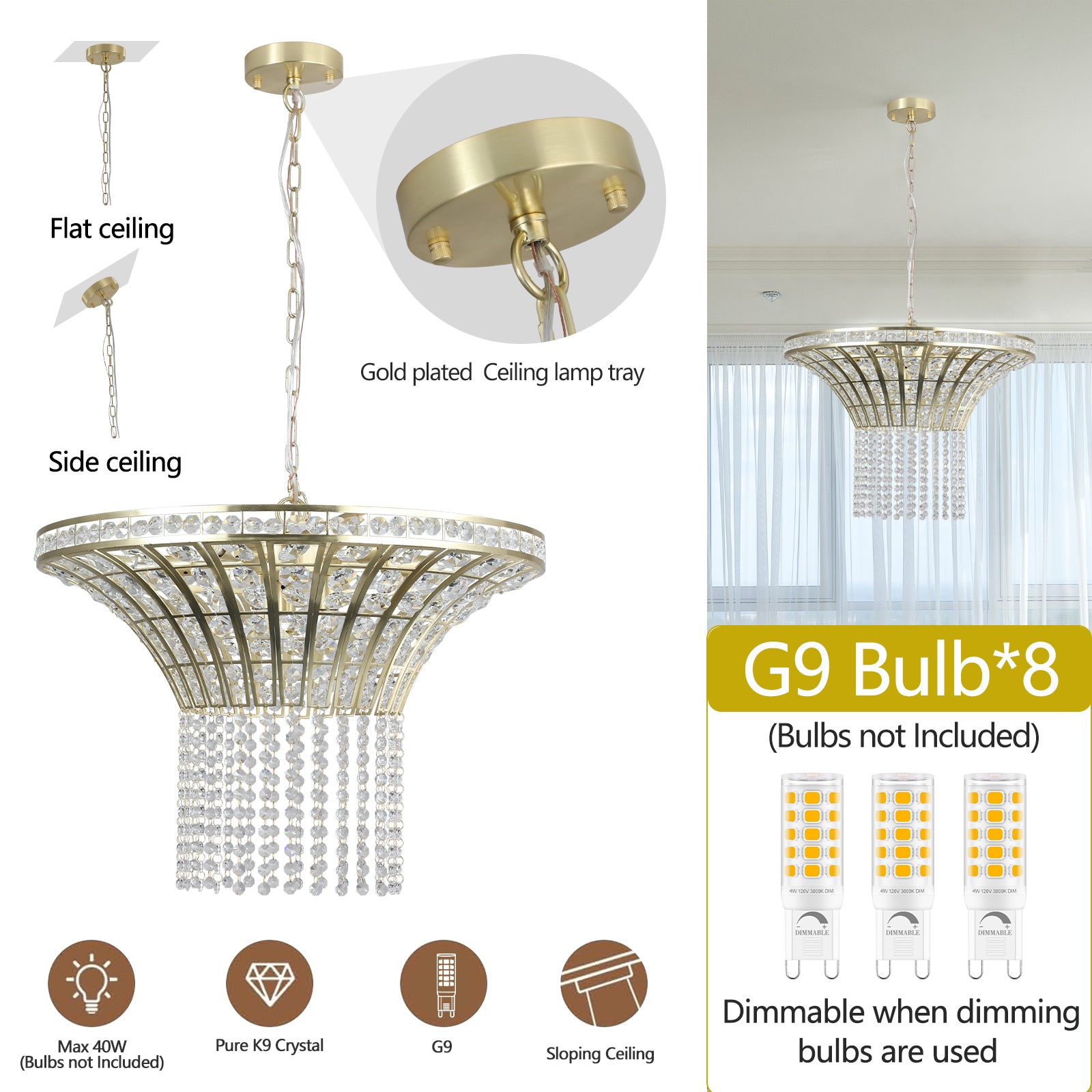 Gold-finished 24" modern crystal round chandelier with dangling crystals, compatible with G9 bulbs, suitable for flat or sloped ceilings.