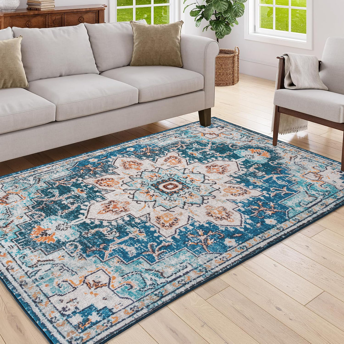 Timeless Vintage Floral Area Rug - Elegant Blue & Ivory Persian-Inspired Rug for Living Room, Bedroom