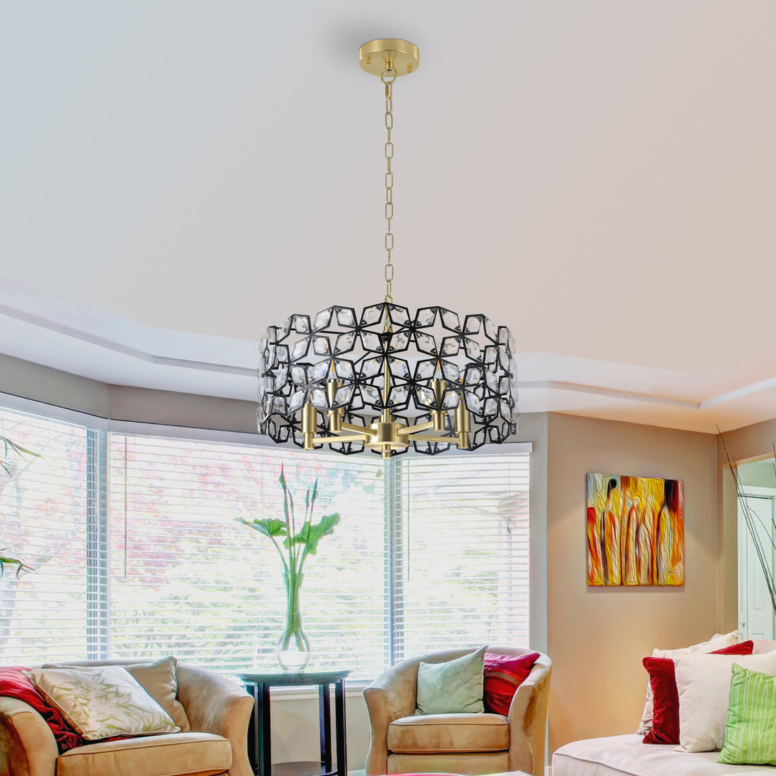 Elegant Geometric Crystal Chandelier - Modern 5-Light Pendant for Dining Room, Living Room