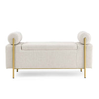 Elegant Upholstered Linen Storage Bench with Cylindrical Arms and Iron Legs