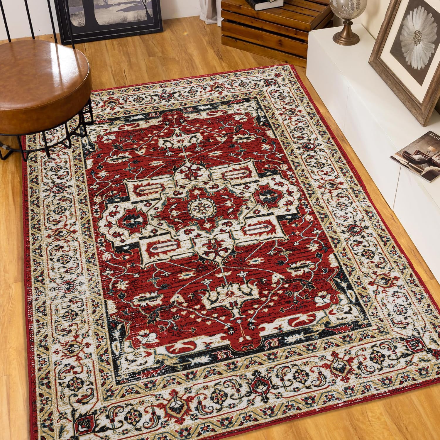 Elegant Persian-Inspired Area Rug | Traditional Floral Medallion Design | Warm Red, Beige and Blue Tones | Large 6x9 Ft Size | Durable, Washable Polypropylene Material | Ideal for Living Room, Bedroom or Entryway