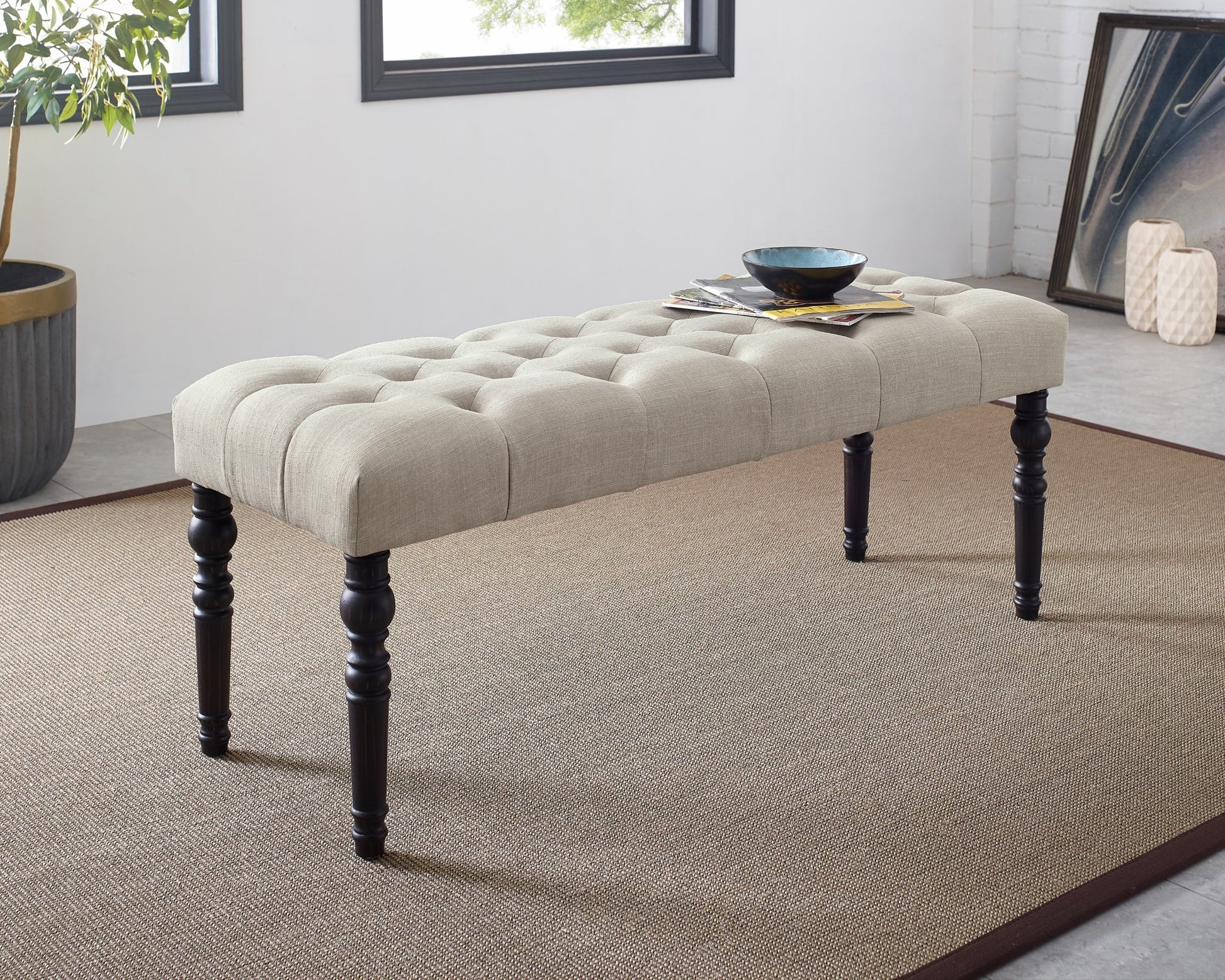 Furnistra Tufted Fabric Dining Bench with Turned Legs, Tan