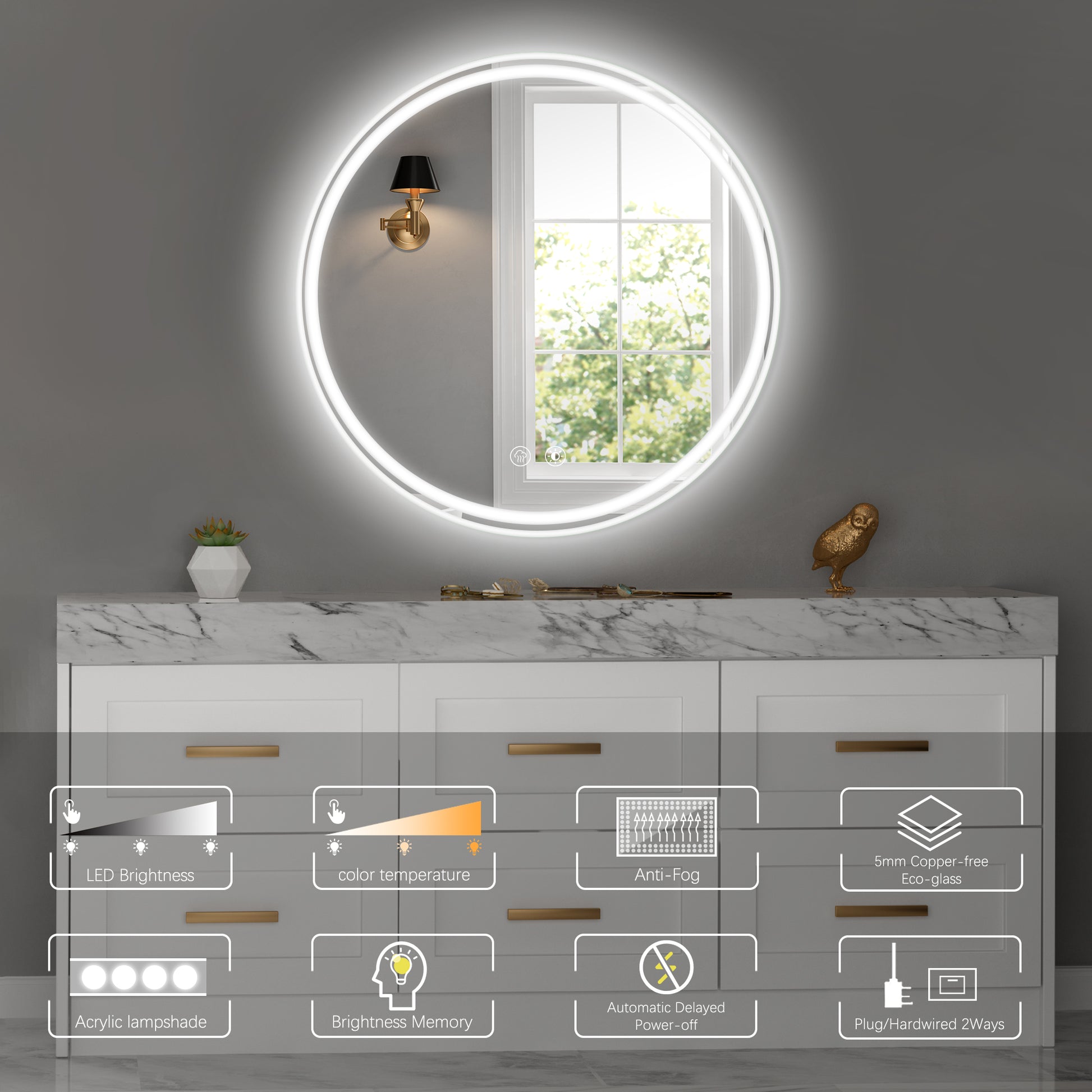 28-Inch Round LED Bathroom Mirror with Dimmable Lighting and Defogging Function USA