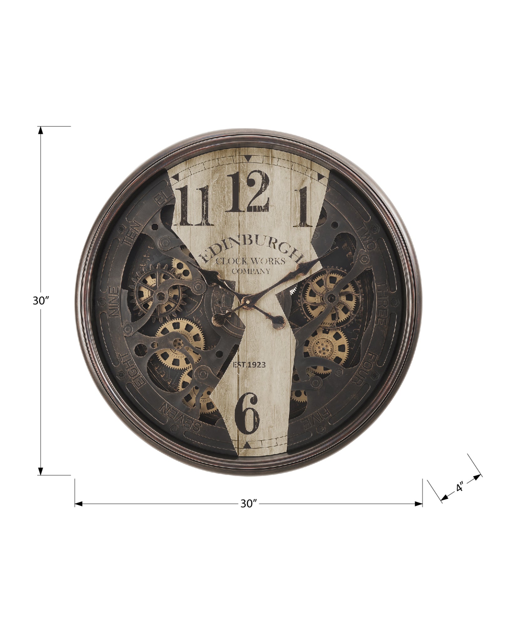 30 Round Wall Clock with Gear Mechanism - Brown - Transitional Design USA