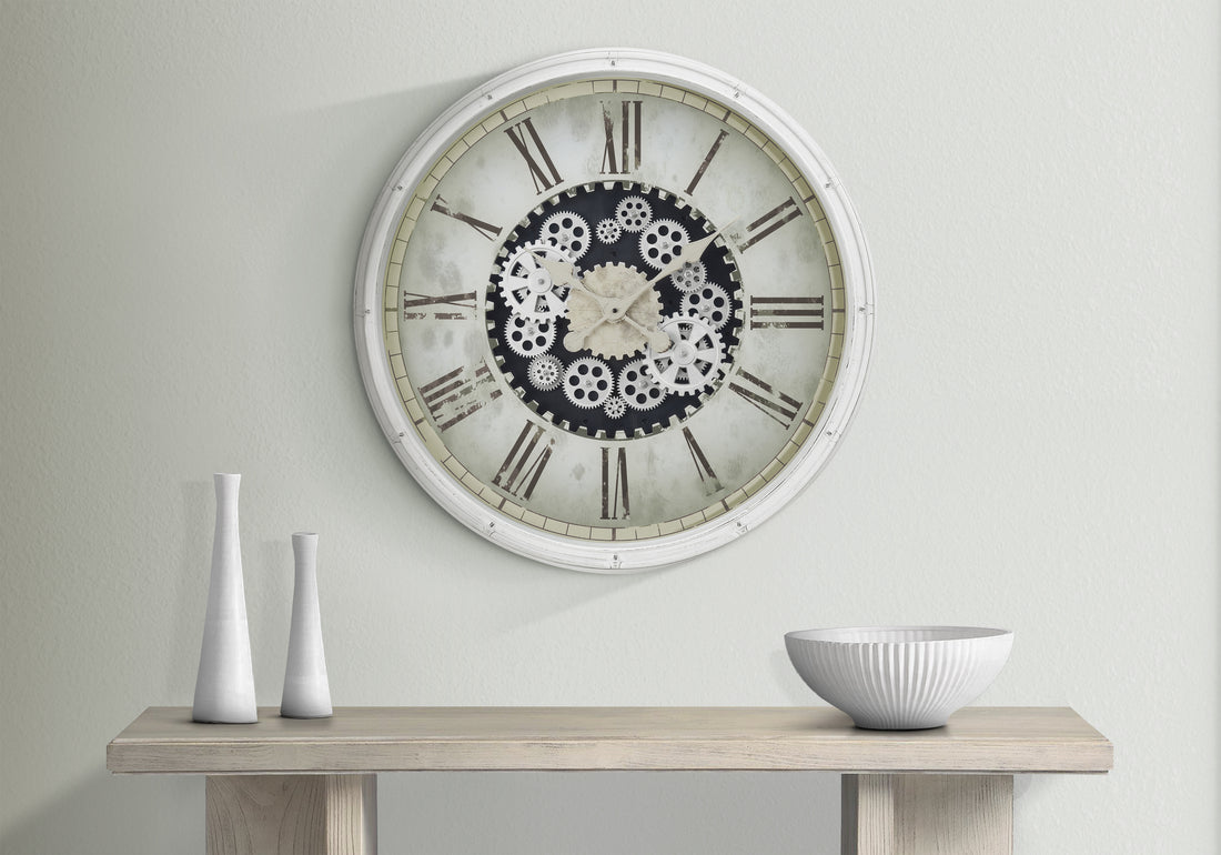 30 Round White Gear Mechanism Wall Clock - Oversized Non-Ticking Decorative Timepiece USA