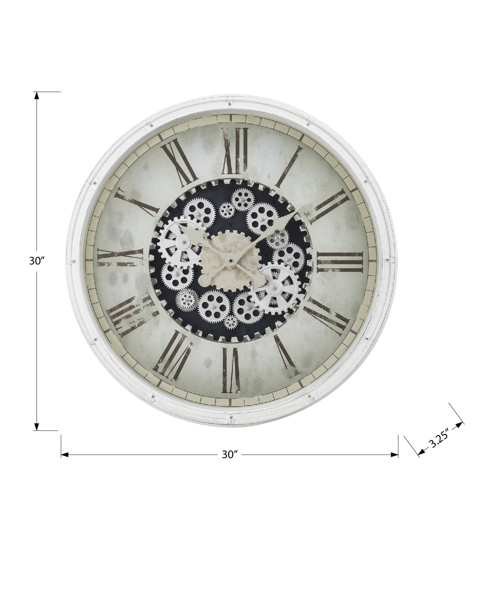 30 Round White Gear Mechanism Wall Clock - Oversized Non-Ticking Decorative Timepiece USA