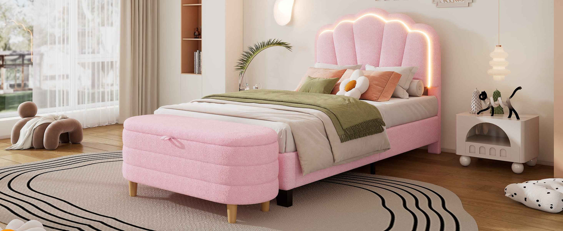 Elegant Flower-Inspired Twin Upholstered Bed with Storage Ottoman