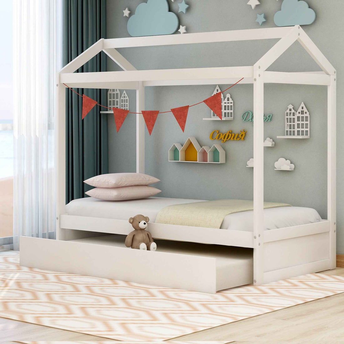 White Cottage Bunk Bed with Trundle - Stylish Wooden Bunk Bed for Kids' Bedroom- USA