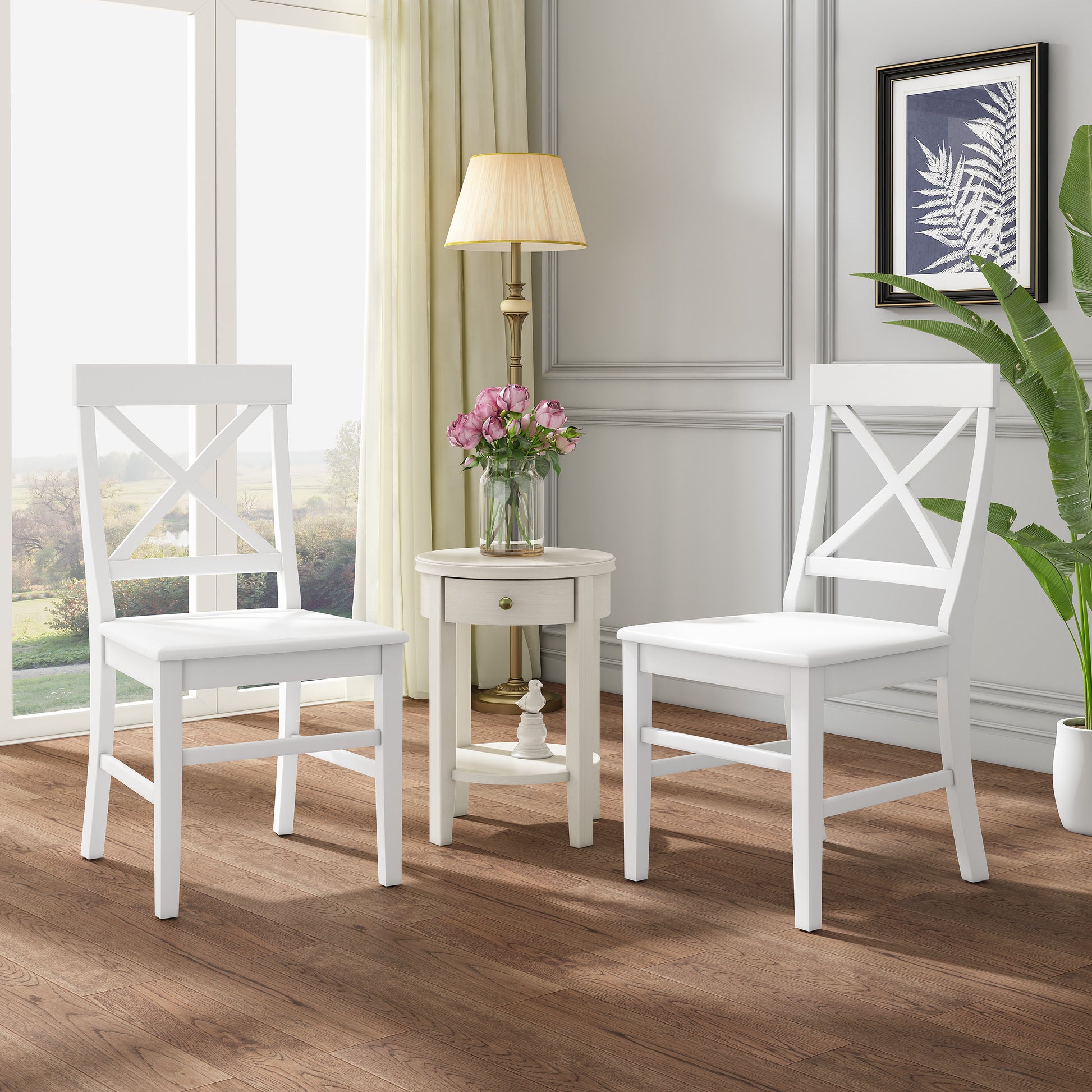 Farmhouse Acacia Wood Dining Chairs in White (Set of 2)