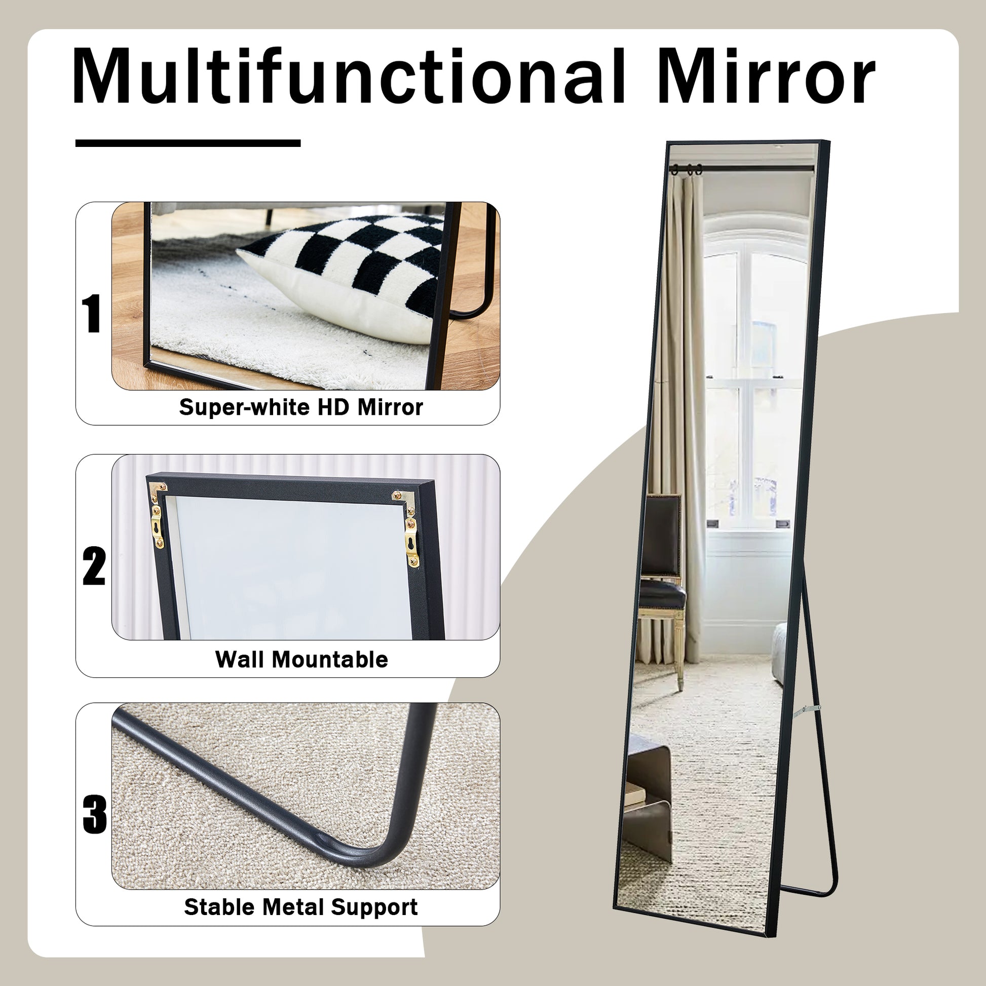 4th Generation Black Solid Wood Frame Full Length Decorative Mirror - 58 x 15 USA