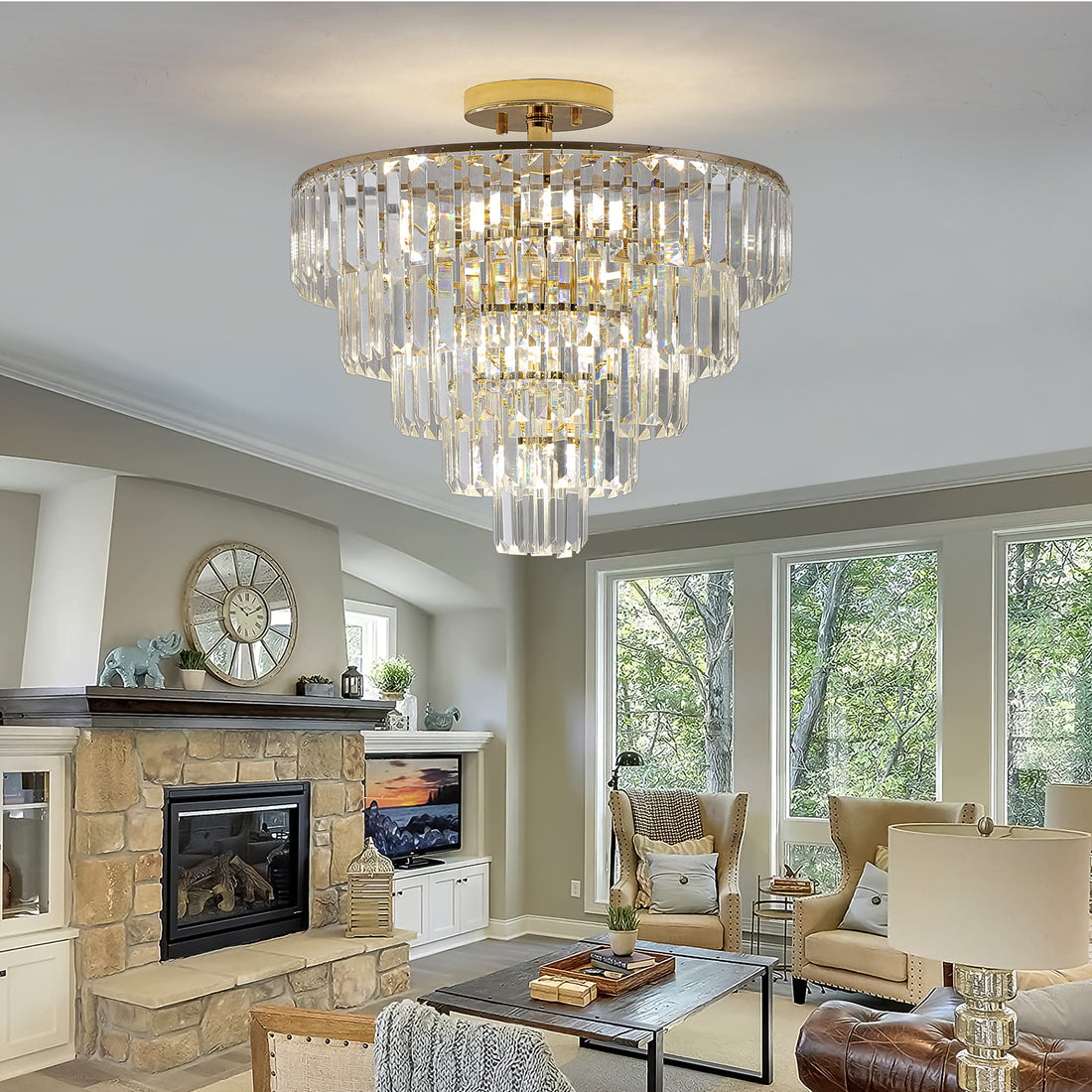 5-Tier Round Semi Flush Mount Chandelier Light USA