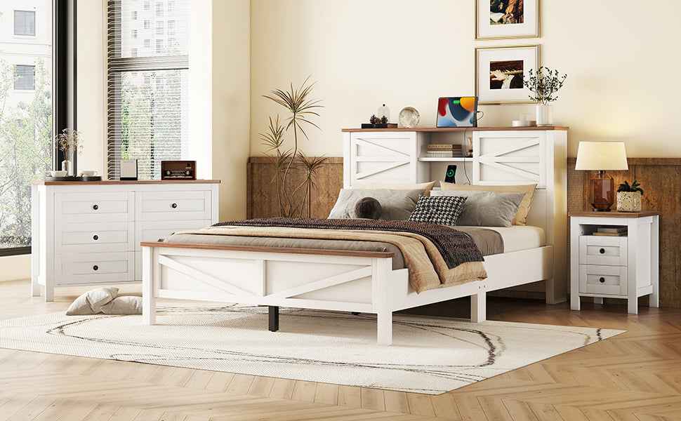 Farmhouse Chic 3-Piece Bedroom Set with Platform Bed, Dresser and Nightstand