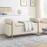 Elegant Upholstered Linen Storage Bench with Cylindrical Arms and Iron Legs