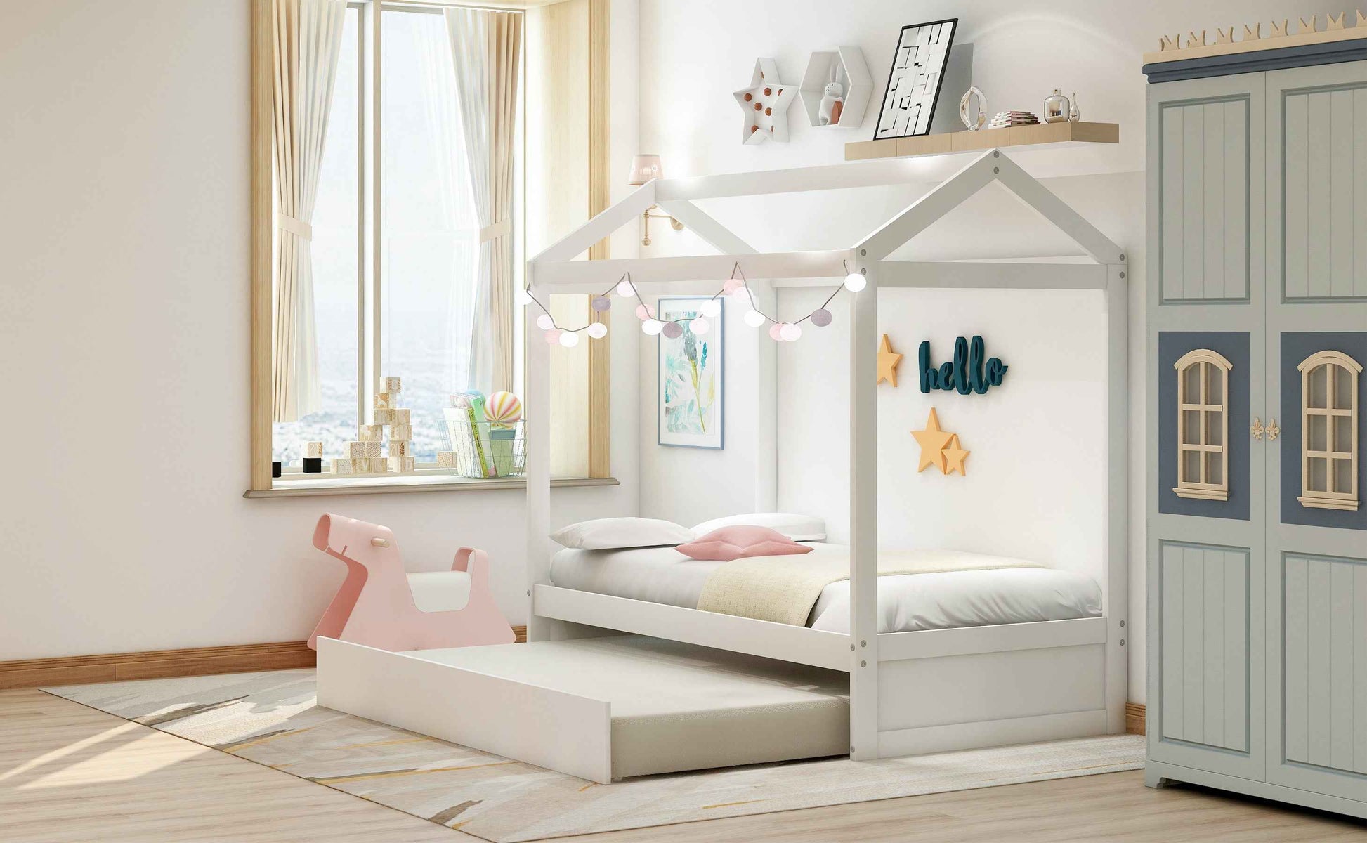 White Cottage Bunk Bed with Trundle - Stylish Wooden Bunk Bed for Kids' Bedroom- USA