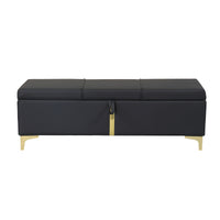 Sleek black upholstered storage bench with metal legs in a modern, minimalist design suitable for a bedroom setting.