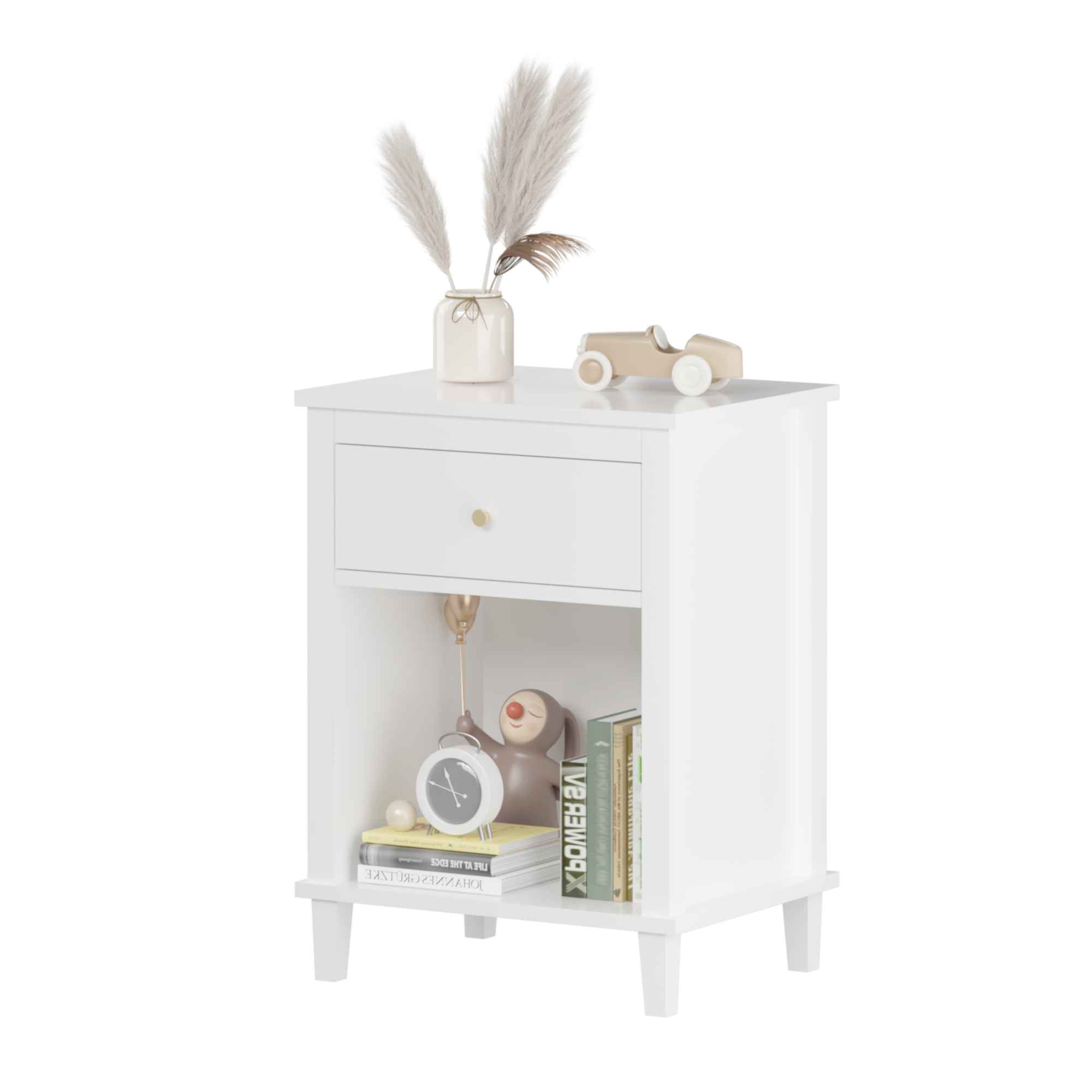 Elegant 26.77" White Wooden Nightstand with Drawer and Shelf