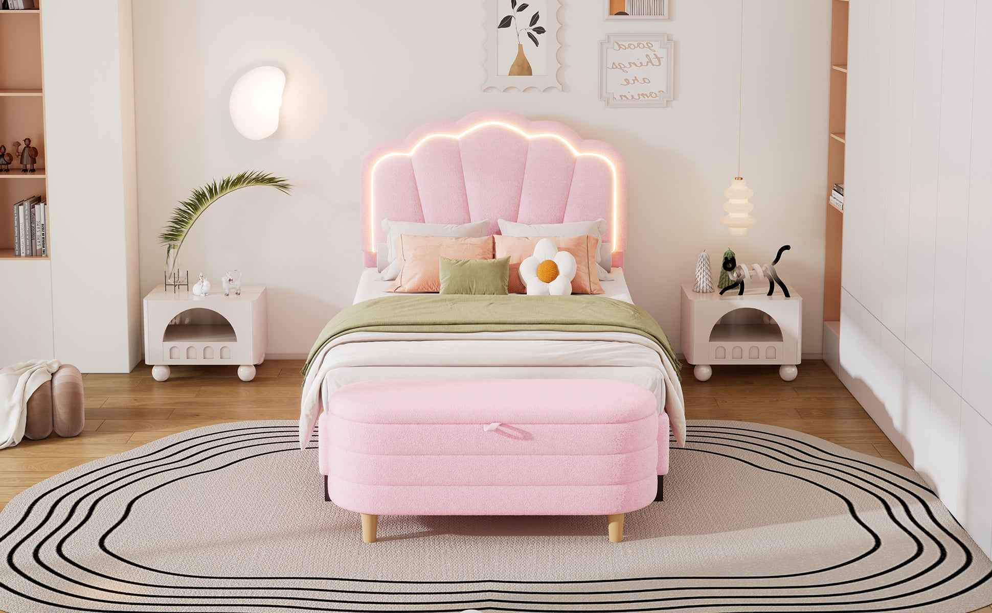 Elegant Flower-Inspired Twin Upholstered Bed with Storage Ottoman