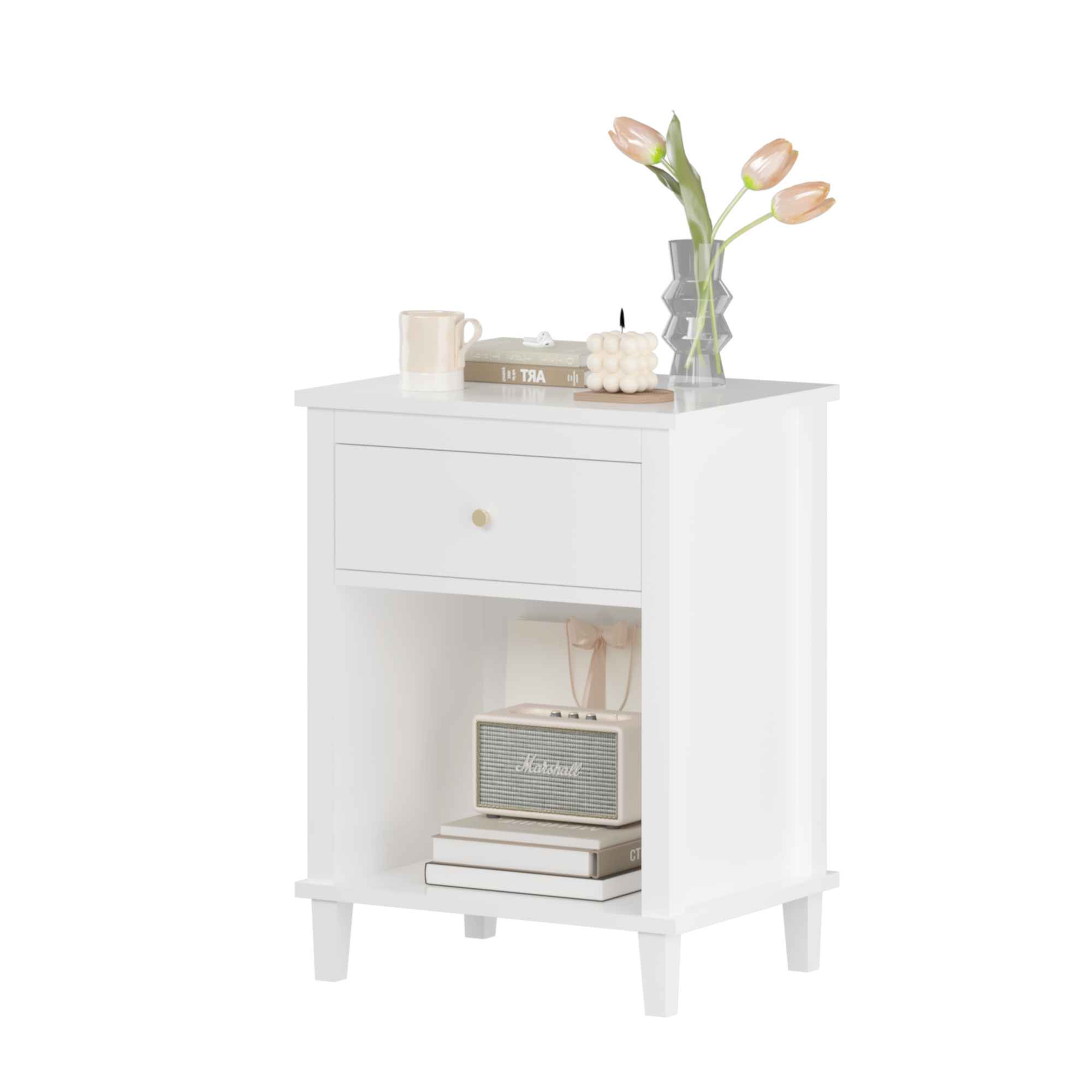 Elegant 26.77" White Wooden Nightstand with Drawer and Shelf