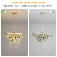 24' modern crystal round chandelier with gold finish, adjustable chain length, suitable for flat and sloped ceilings.