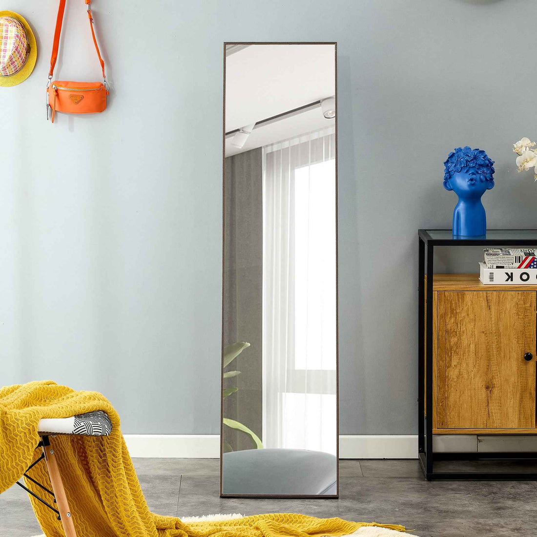 3rd generation gray solid wood frame full length mirror, dressing mirror, bedroom porch, decorative mirror, clothing store, floor mounted large mirror, wall mounted. 58 '* 15'