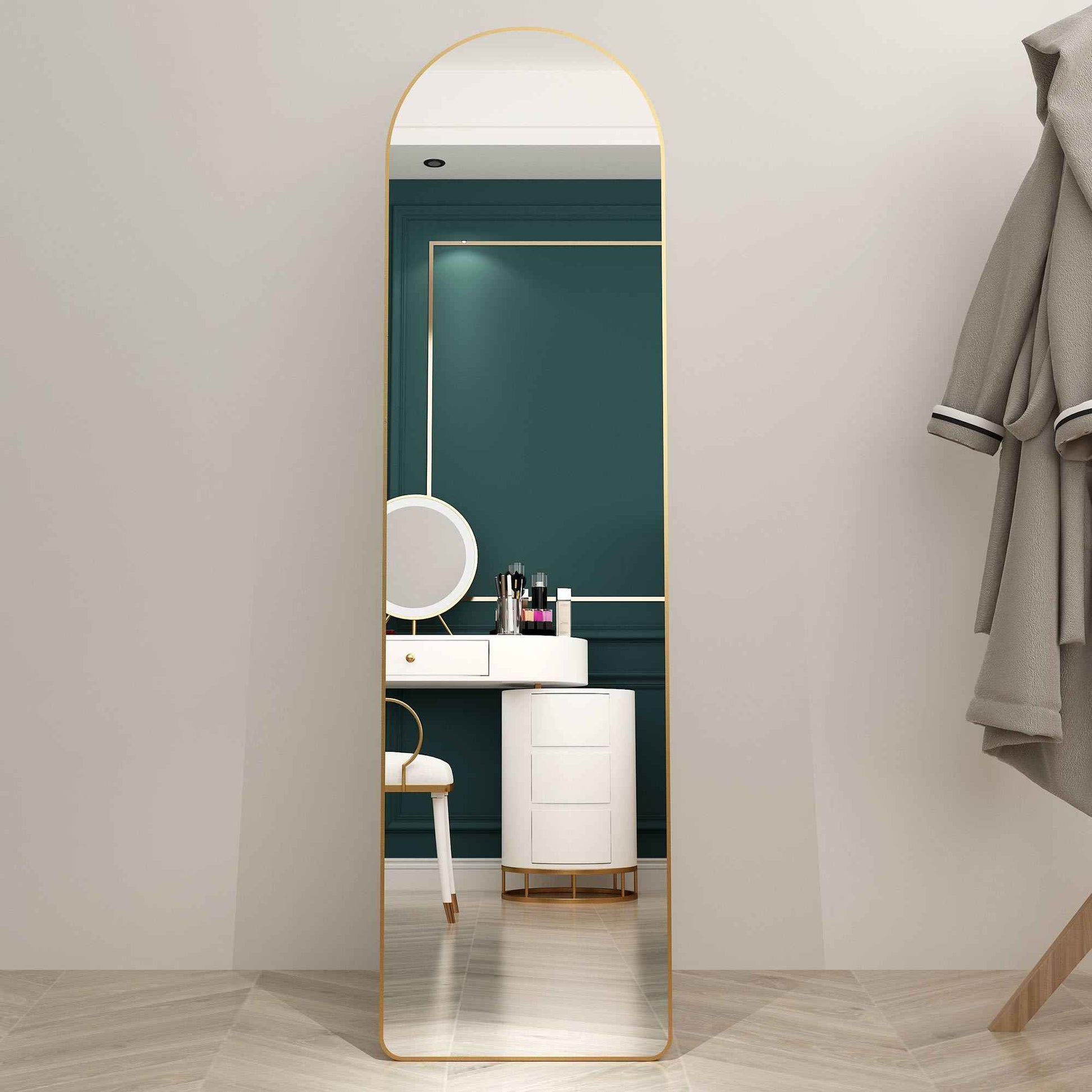 The third generation floor mounted full length rearview mirror. Aluminum alloy metal frame arched wall mirror, bathroom makeup mirror, clothing store, wall mounted. Gold 60 '*16.5'W115158172