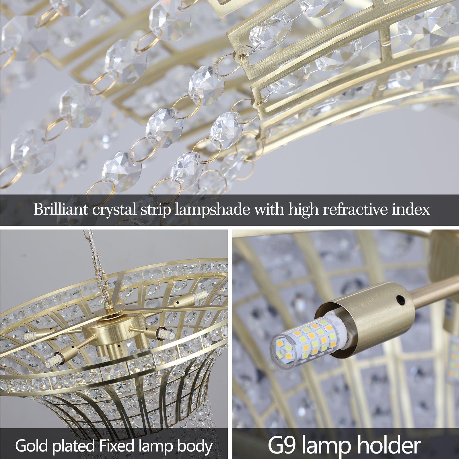 Close-up image showcases the 24' Modern Crystal Round Chandelier with gold finish, featuring crystal strips and G9 lamp holder.