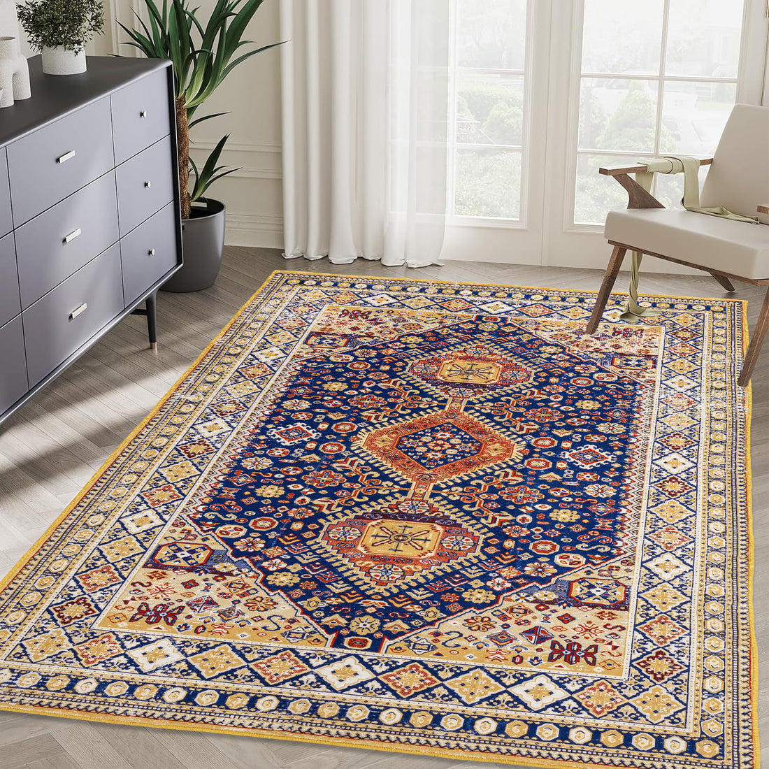 Elegant Vintage Persian Style Area Rug - 5x7 Bohemian Floral Patterned Washable Floor Carpet for Living Room, Bedroom, Kitchen