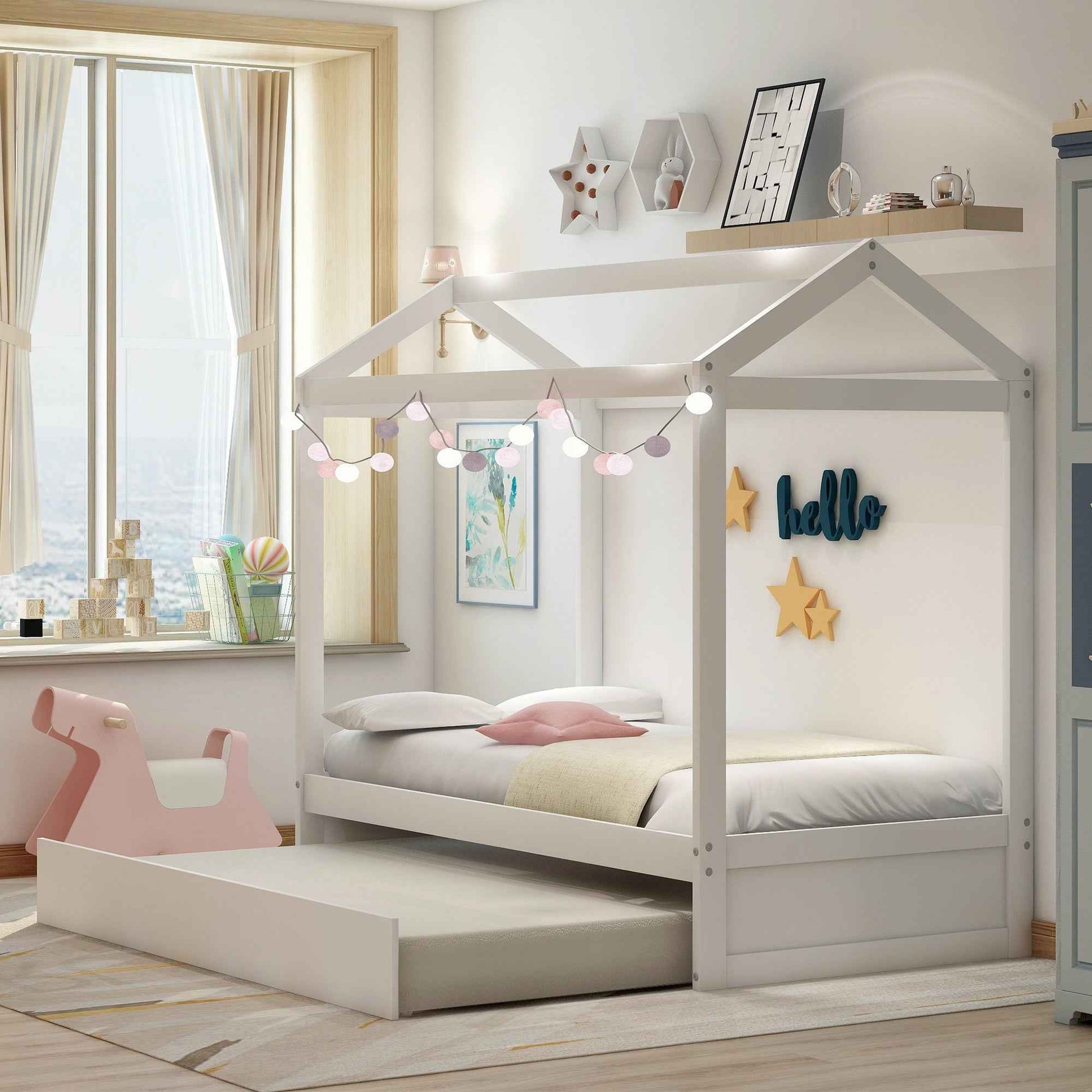 White Cottage Bunk Bed with Trundle - Stylish Wooden Bunk Bed for Kids' Bedroom- USA