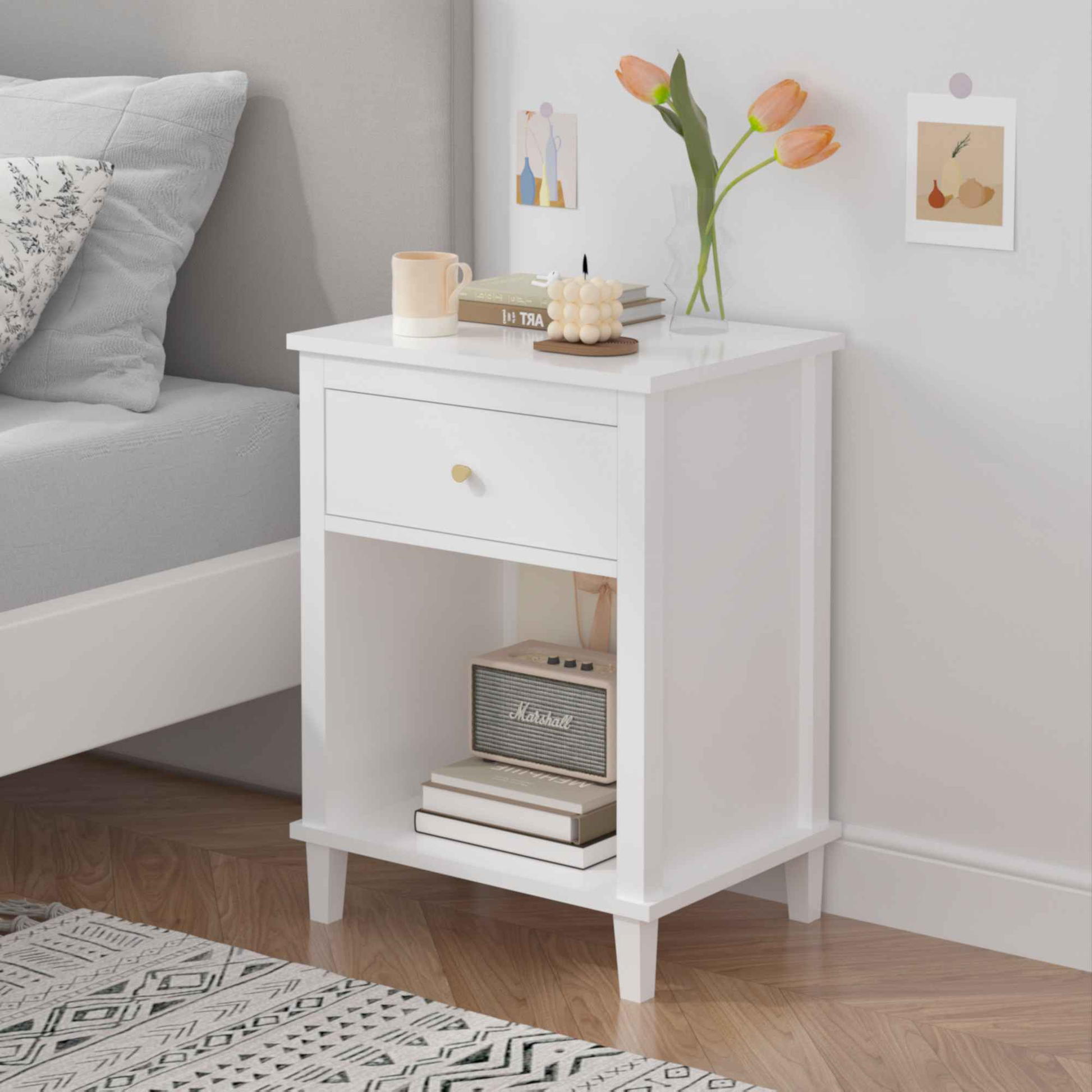 Elegant 26.77" White Wooden Nightstand with Drawer and Shelf