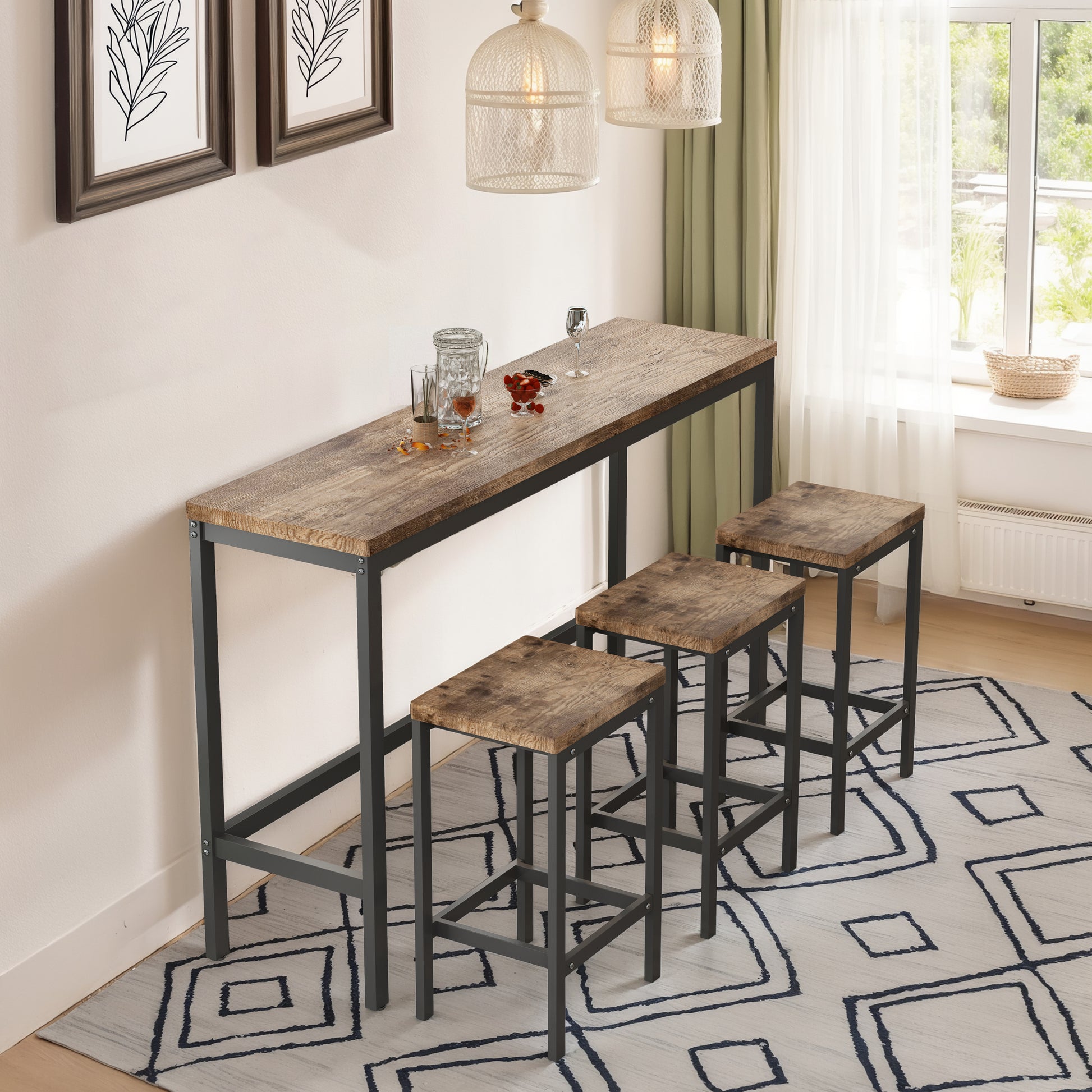 Elegant Farmhouse Pub Table Set with 2 Stools, Industrial Wood and Metal Design