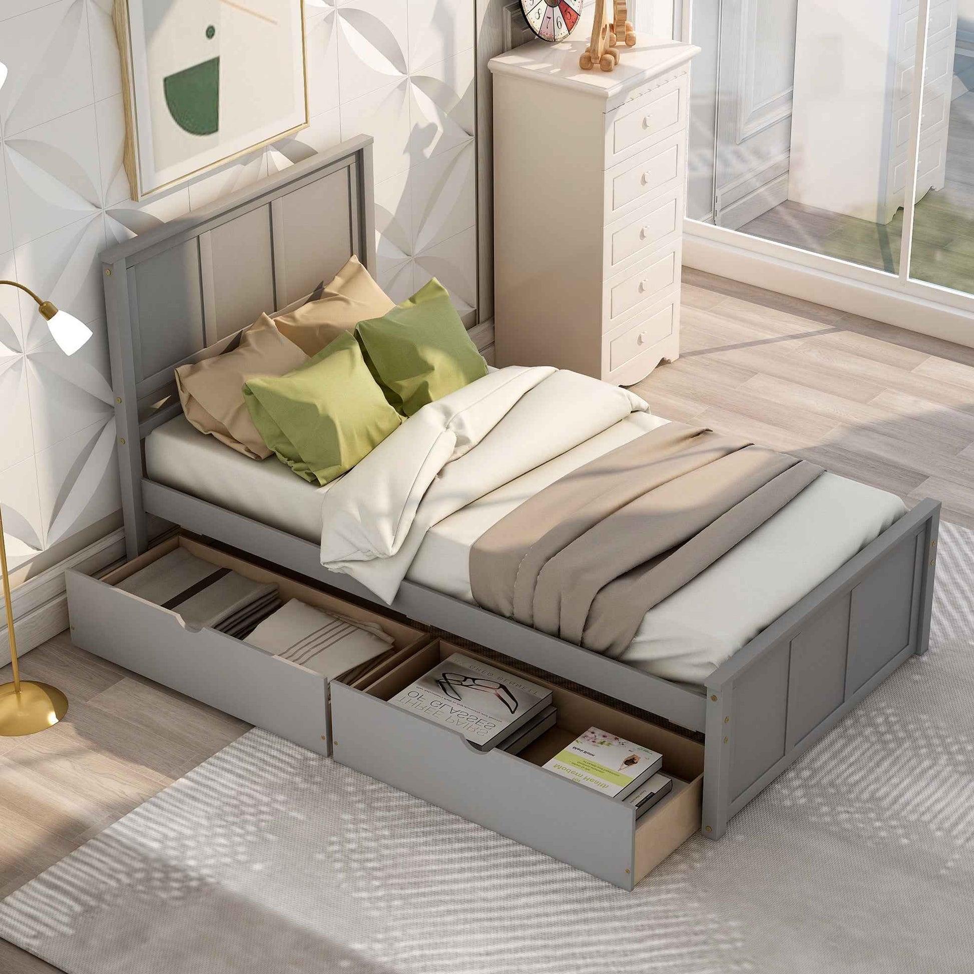 Elegant Platform Storage Bed with Drawers and Wheels, Twin Size, Gray- USA