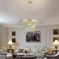 24' modern crystal round chandelier with gold finish, elegant pendant light hanging in a stylish living room setting.