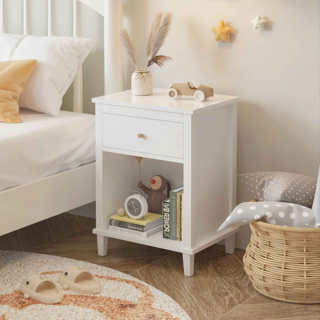 Elegant 26.77" White Wooden Nightstand with Drawer and Shelf