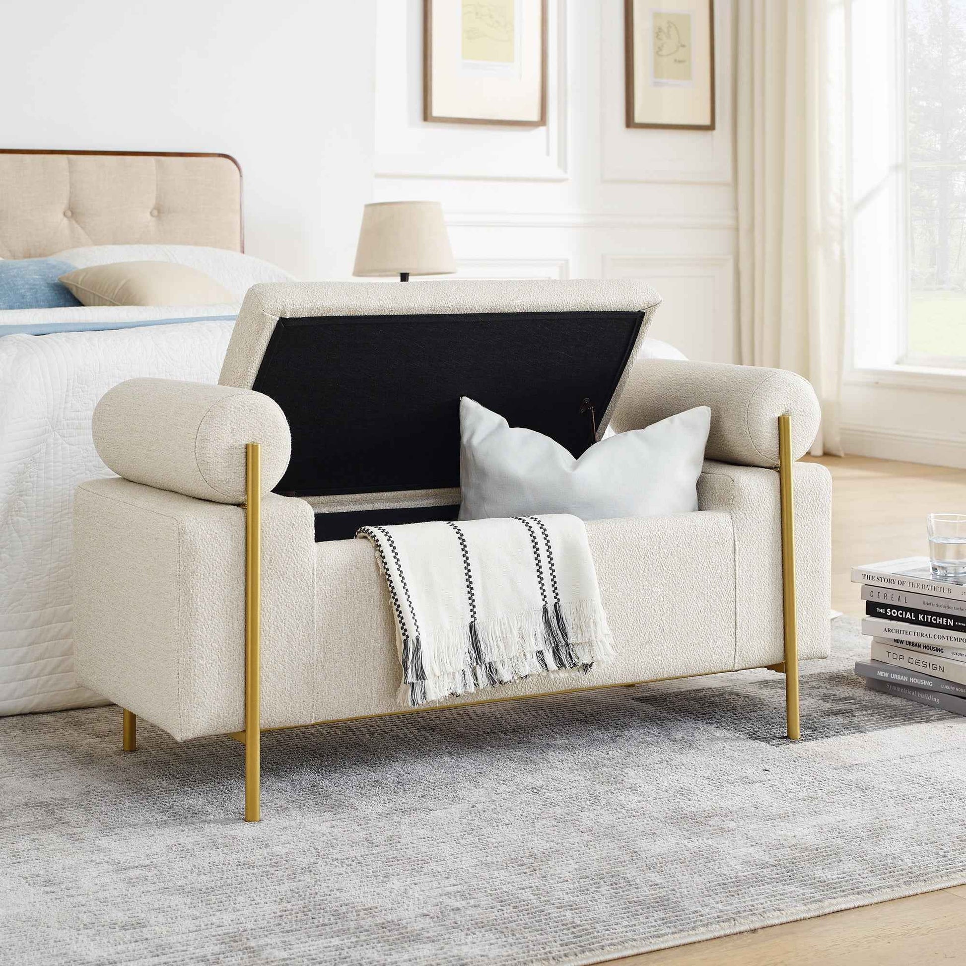 Elegant Upholstered Linen Storage Bench with Cylindrical Arms and Iron Legs