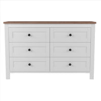 6-drawer white and brown wooden dresser with a farmhouse-style design