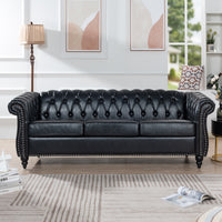 84.65 BLACK PU Rolled Arm Chesterfield Three Seater Sofa. USA