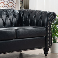 84.65 BLACK PU Rolled Arm Chesterfield Three Seater Sofa. USA