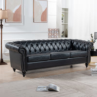 84.65 BLACK PU Rolled Arm Chesterfield Three Seater Sofa. USA