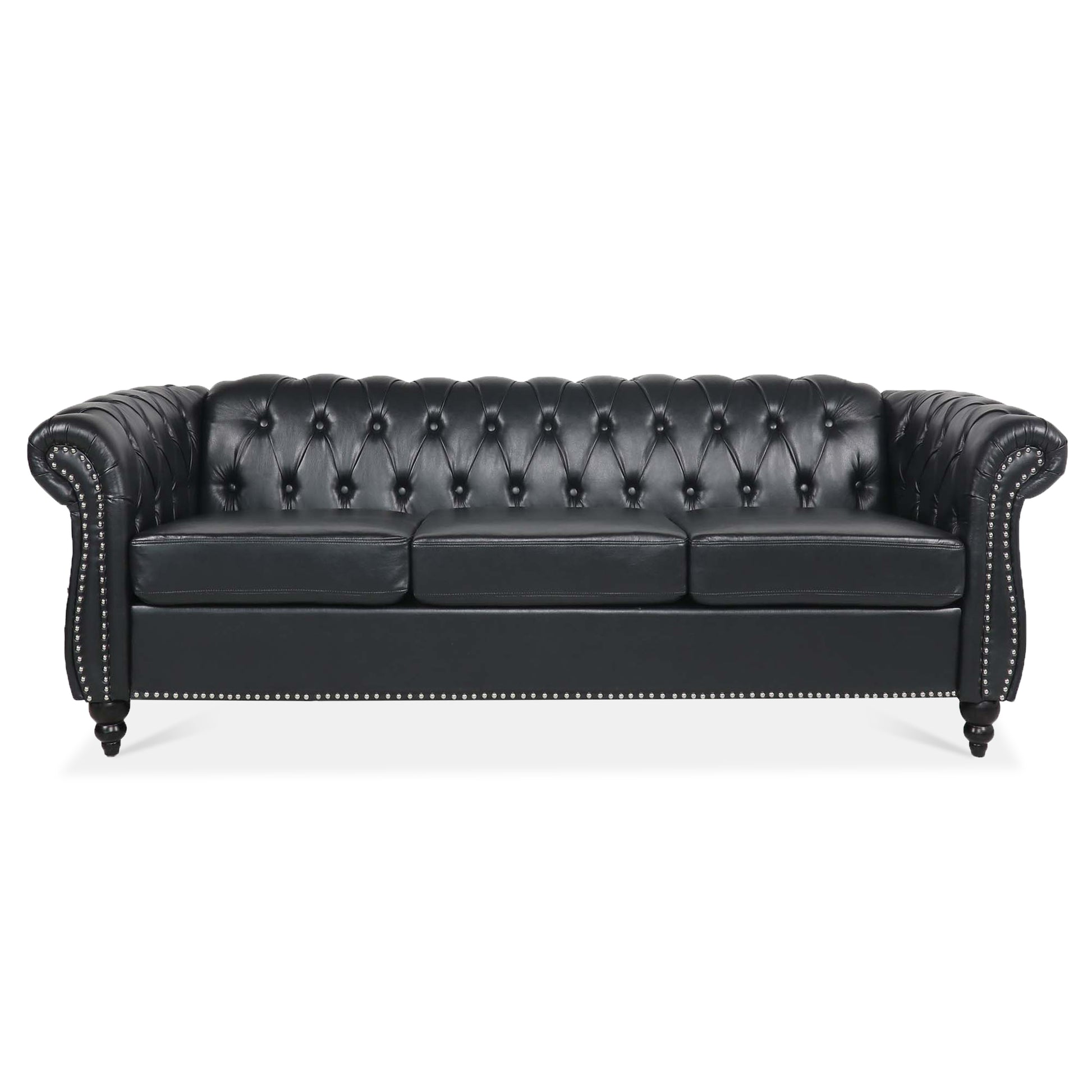 84.65 BLACK PU Rolled Arm Chesterfield Three Seater Sofa. USA