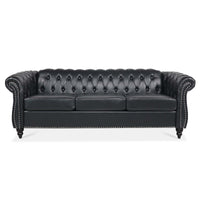 84.65 BLACK PU Rolled Arm Chesterfield Three Seater Sofa. USA