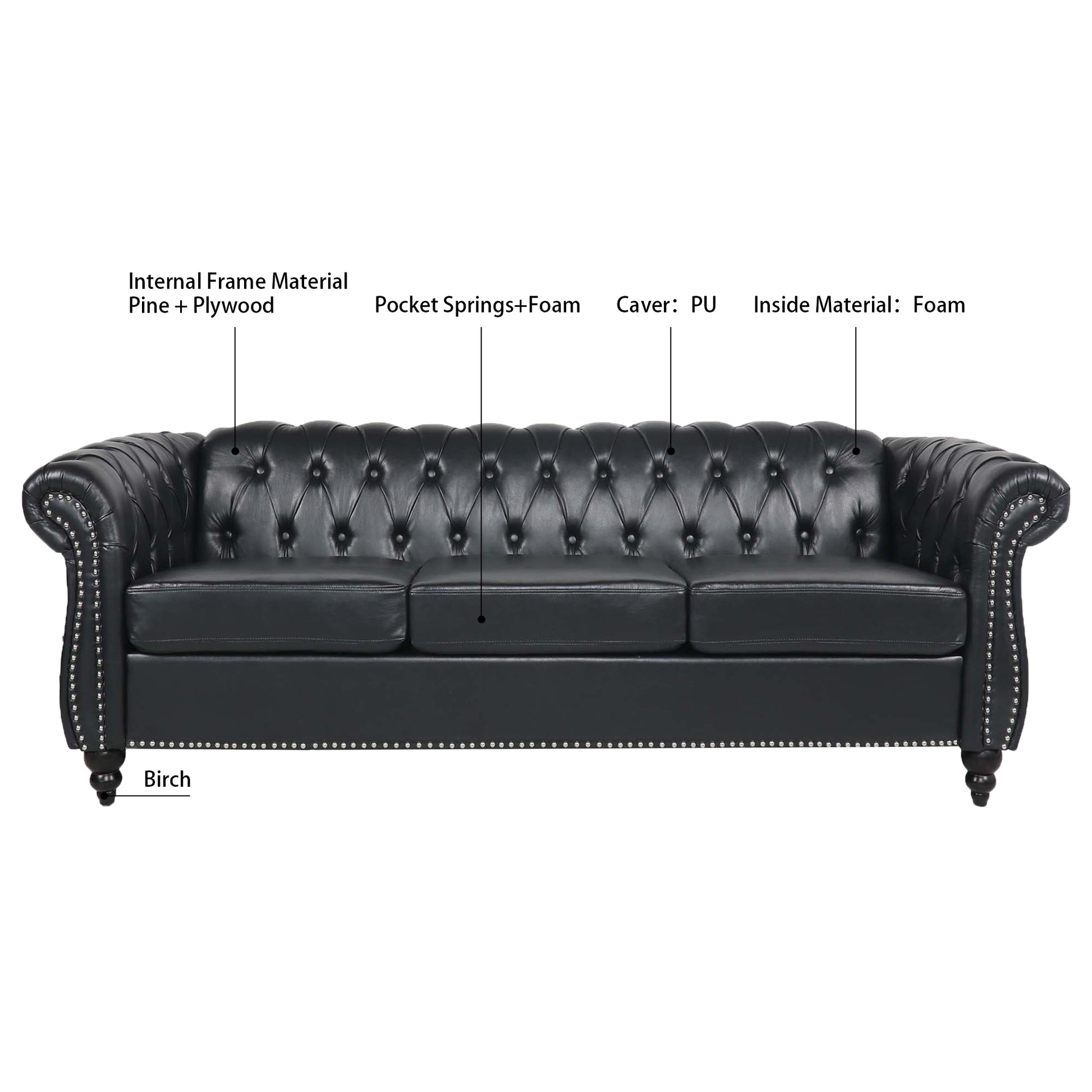 84.65 BLACK PU Rolled Arm Chesterfield Three Seater Sofa. USA