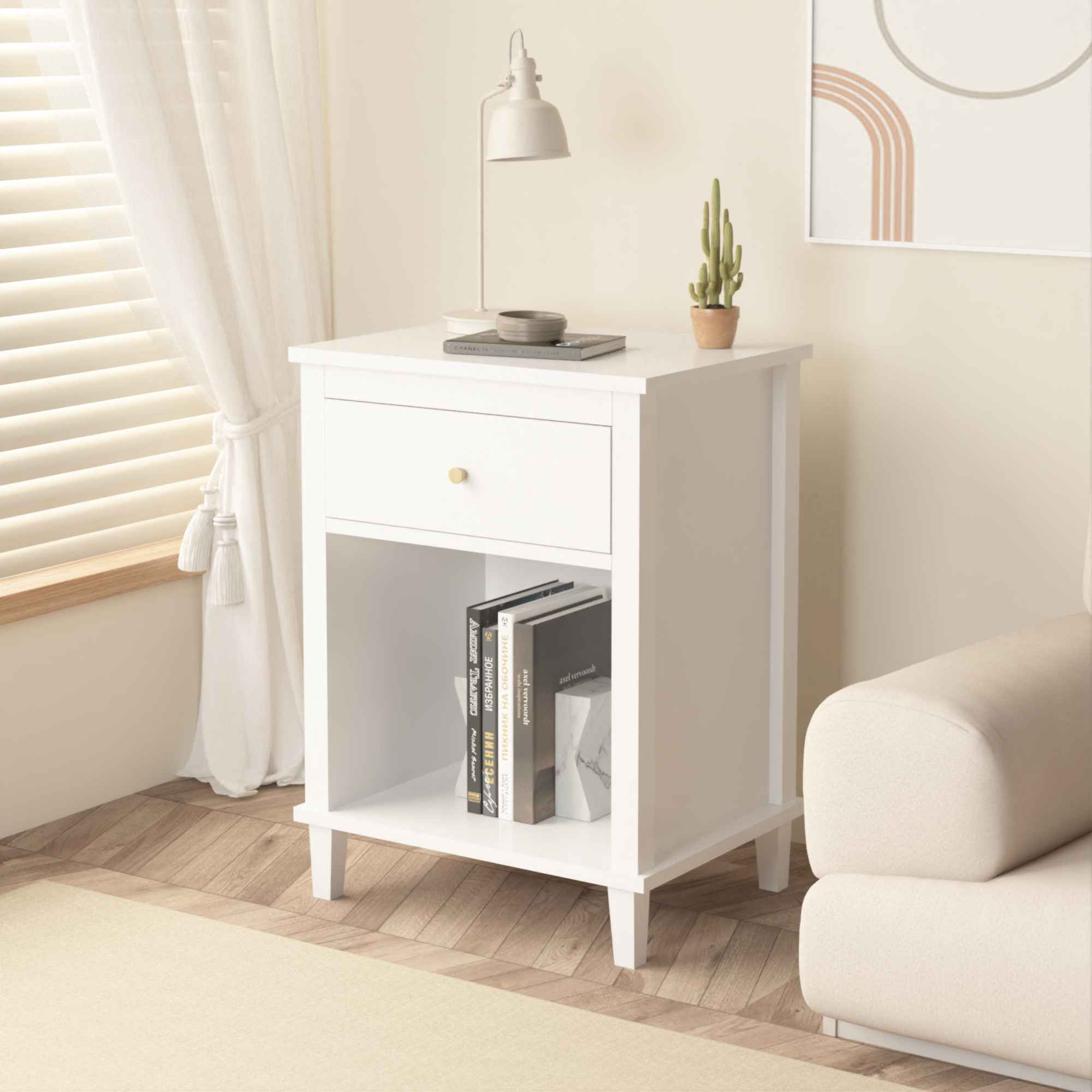 Elegant 26.77" White Wooden Nightstand with Drawer and Shelf