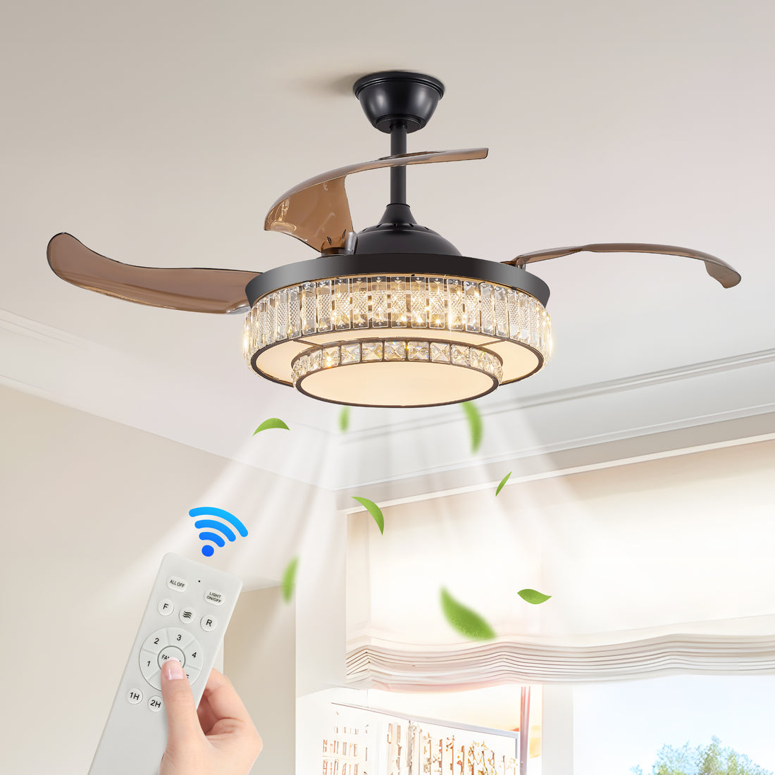 Elegant Contemporary Crystal LED Retractable Ceiling Fan
with Light and Remote